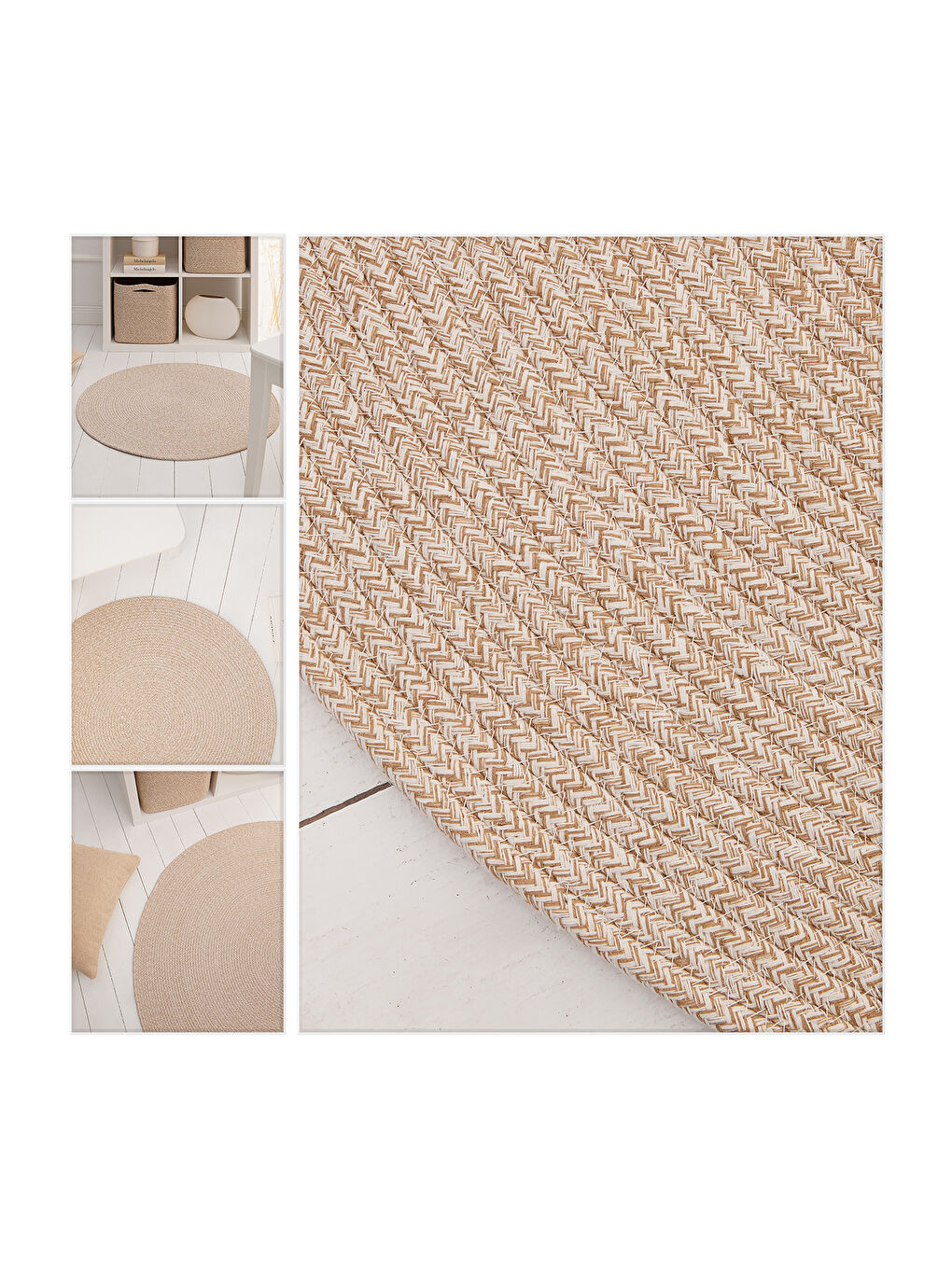 Bej Yıkanabilir Pamuklu Yuvarlak Halı Kilim 80 cm-1