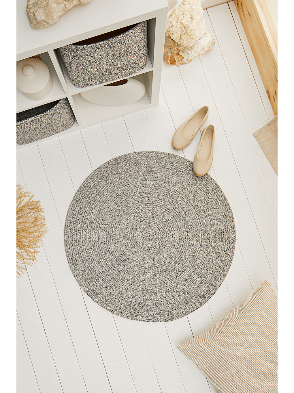 Gri Yıkanabilir Pamuklu Yuvarlak Halı Kilim 80 cm-2