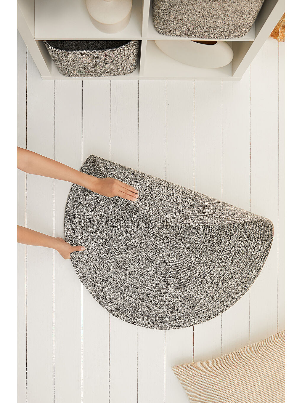 Gri Yıkanabilir Pamuklu Yuvarlak Halı Kilim 80 cm-3