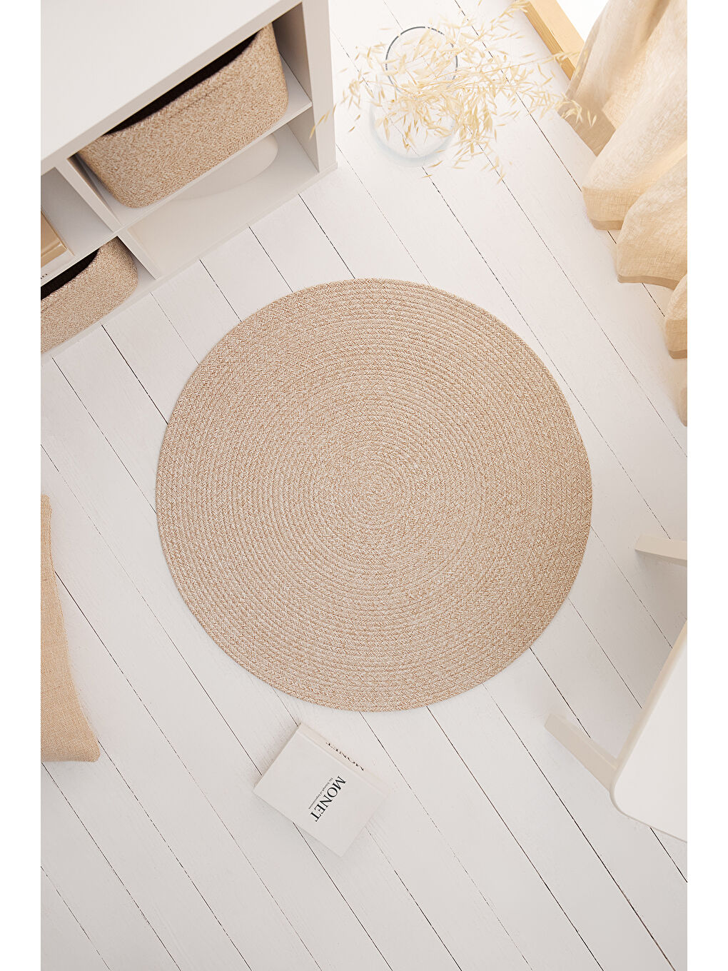 Bej Yıkanabilir Pamuklu Yuvarlak Halı Kilim 80 cm-2