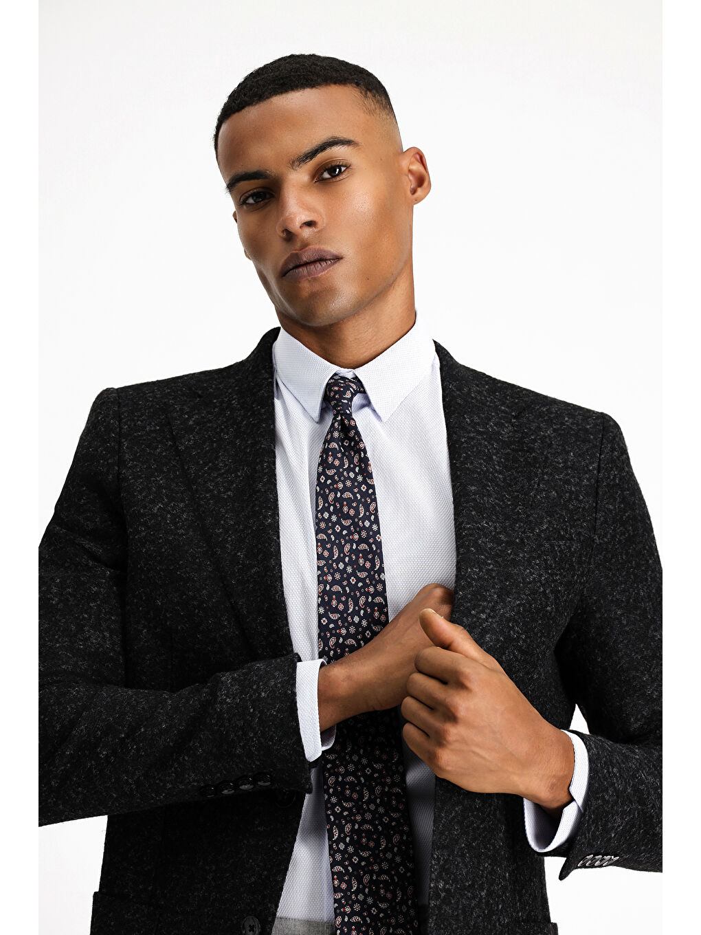 Siyah Slim Fit Dar Kesim Desenli Yünlü İtalyan Ceket-2