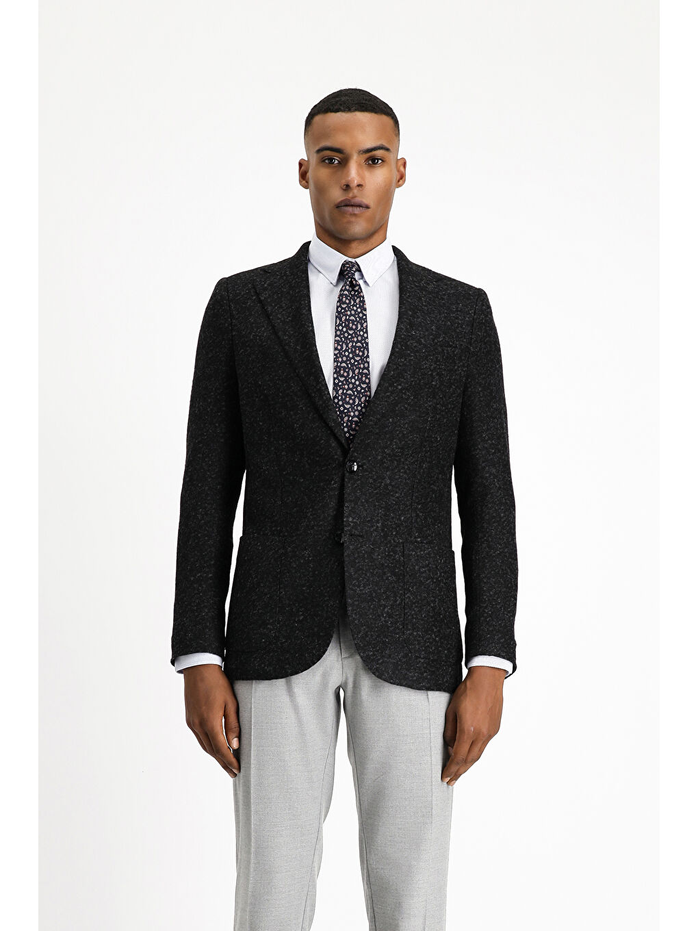 Siyah Slim Fit Dar Kesim Desenli Yünlü İtalyan Ceket-3