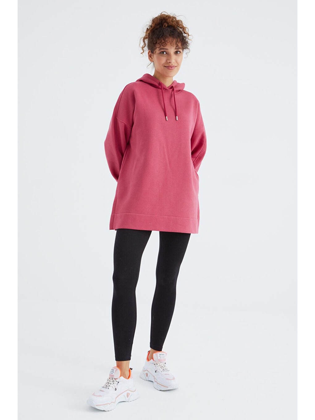 Pembe Yaban Gülü Reglan Kol Basic Kapüşonlu Oversize Tunik - 97242-1