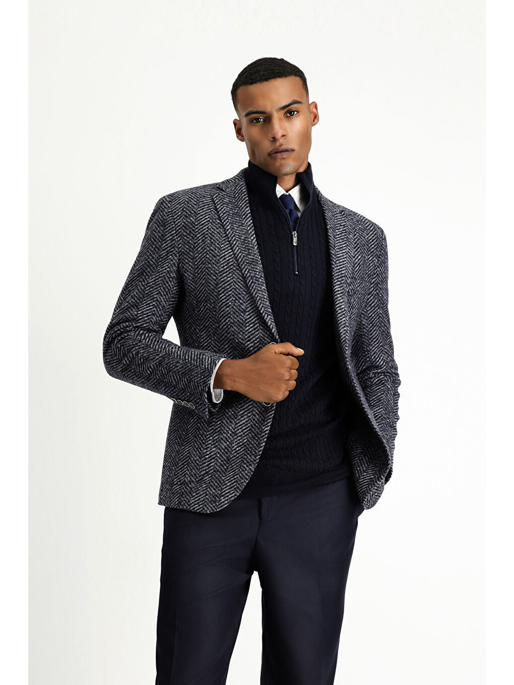 Lacivert Slim Fit Dar Kesim Yünlü Balıksırtı Spor İtalyan Ceket-2