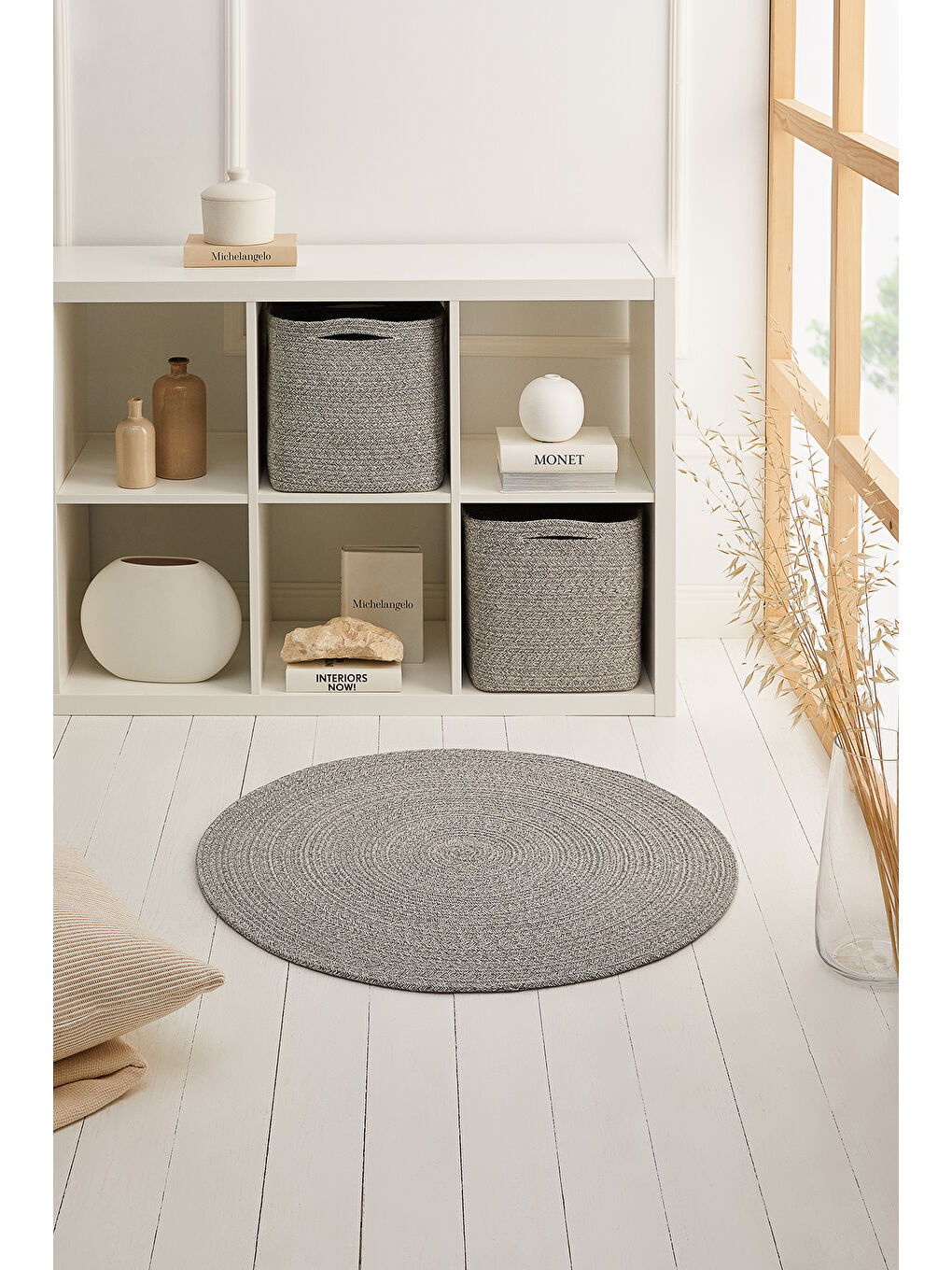 Gri Yıkanabilir Pamuklu Yuvarlak Halı Kilim 80 cm-4