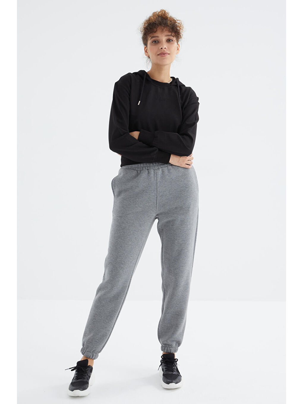 Gri Melanj Yüksek Bel Rahat Form Basic Jogger Kadın Eşofman Alt - 94624