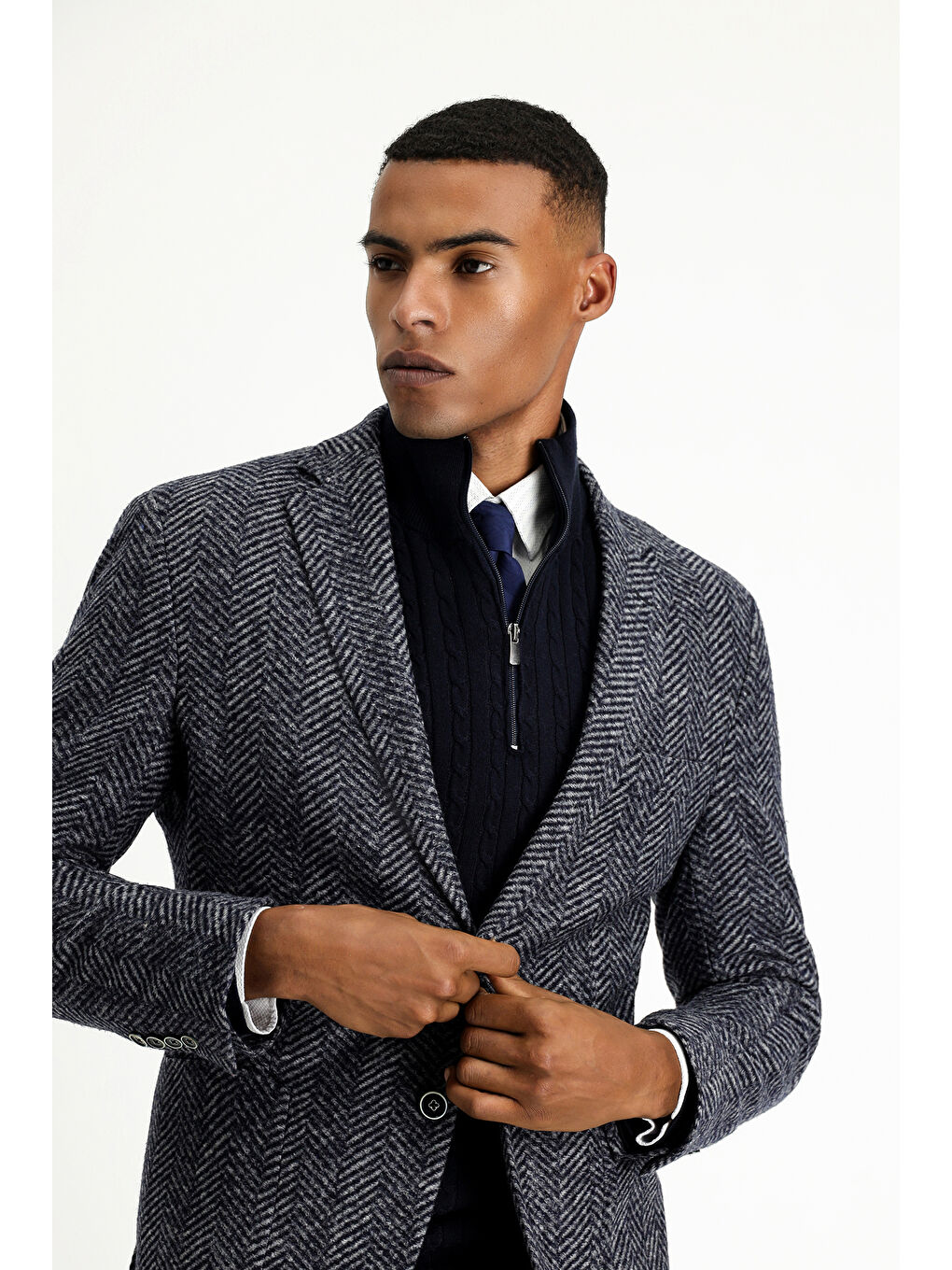 Lacivert Slim Fit Dar Kesim Yünlü Balıksırtı Spor İtalyan Ceket-3