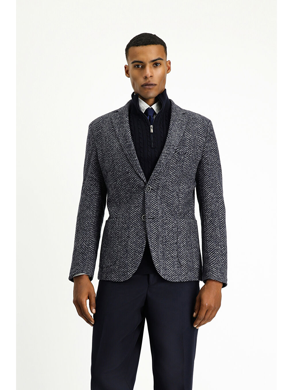 Lacivert Slim Fit Dar Kesim Yünlü Balıksırtı Spor İtalyan Ceket-4