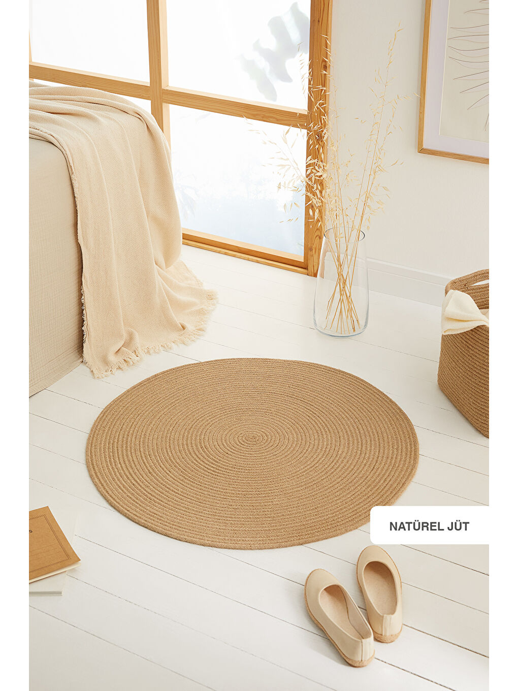 Bej Yuvarlak Jüt Halı Kilim 80 cm