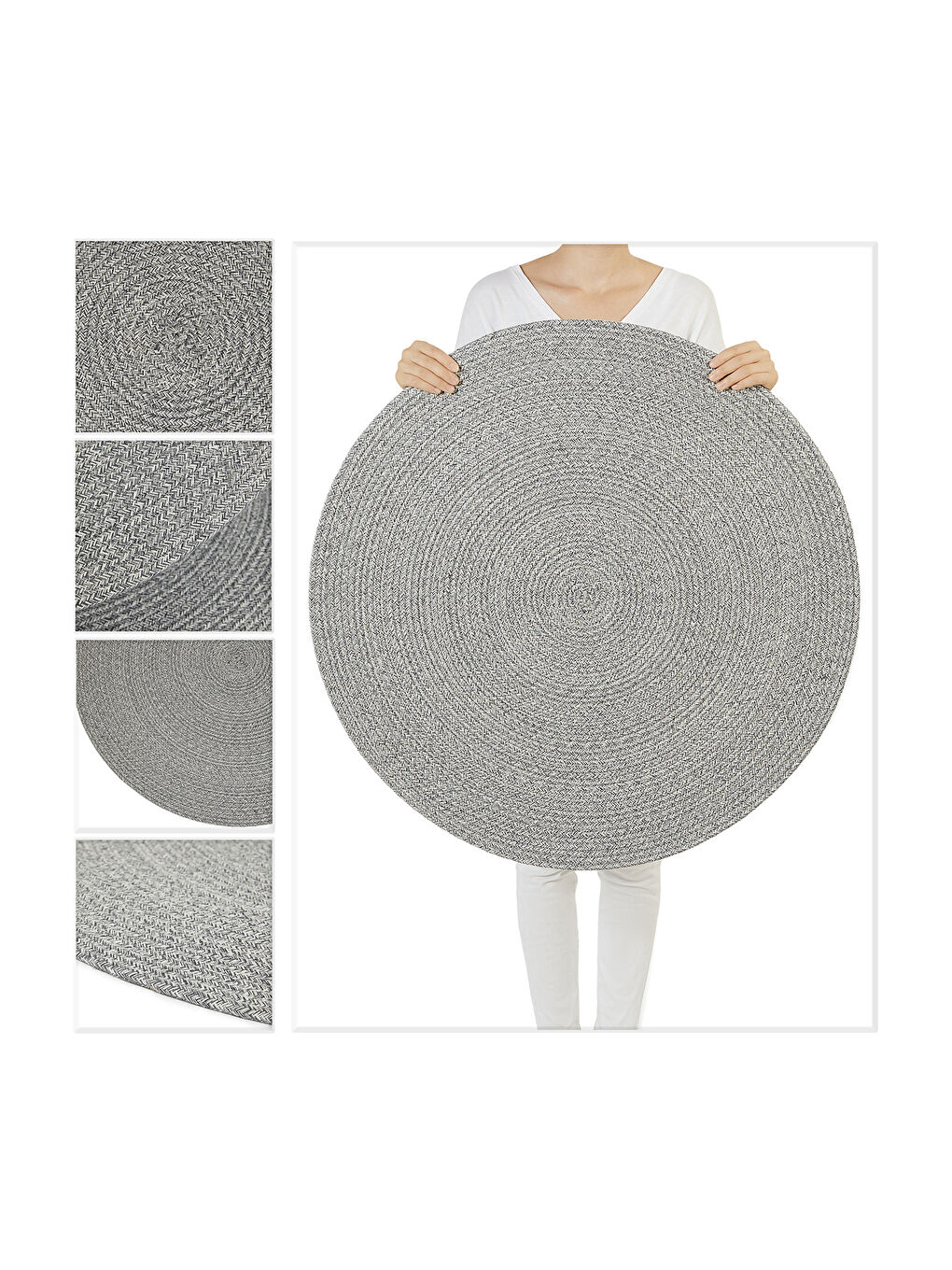Gri Yıkanabilir Pamuklu Yuvarlak Halı Kilim 80 cm-5