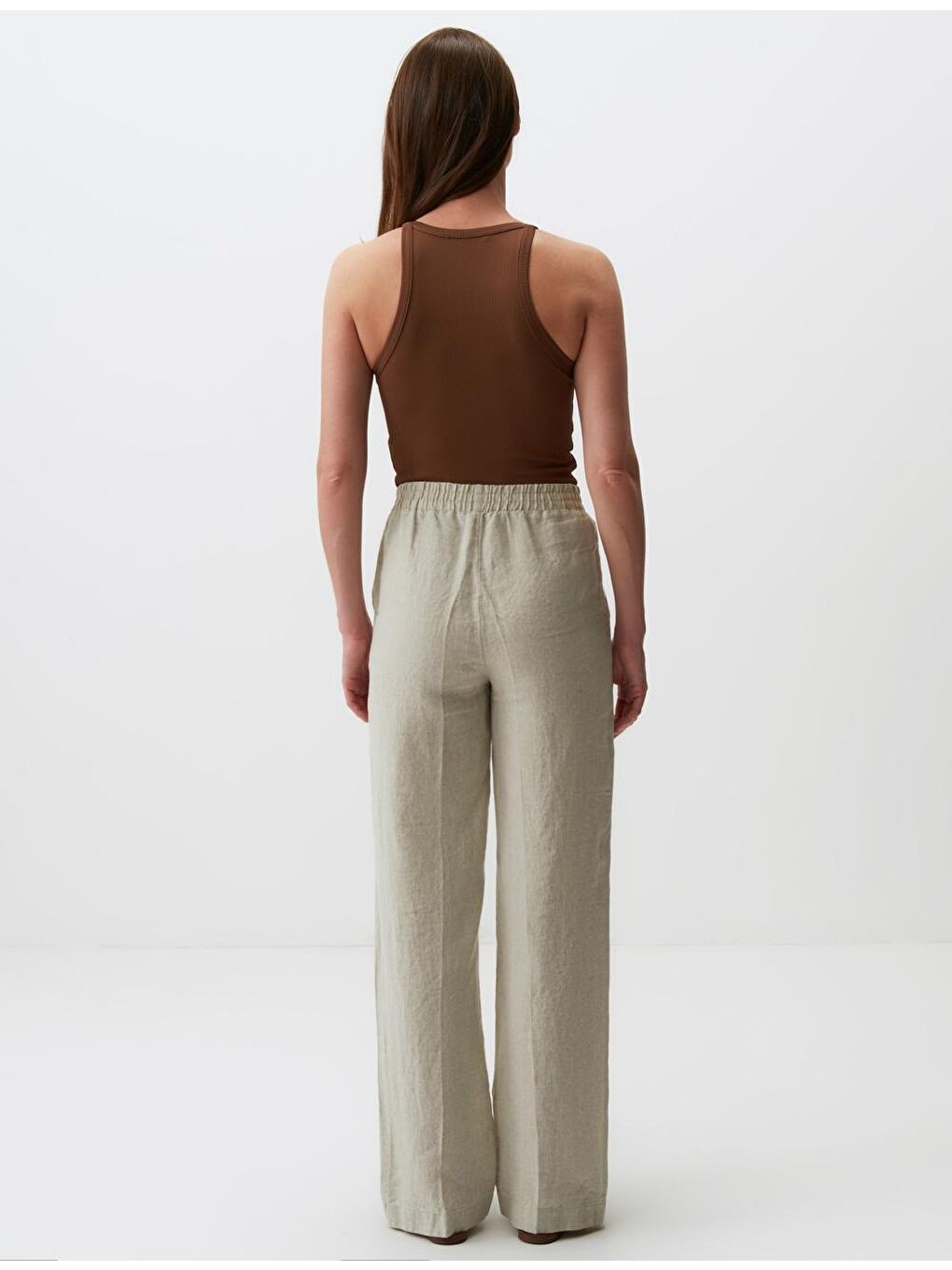 Bej Melanj Bol Paça Beli Lastikli Keten Pantolon-5