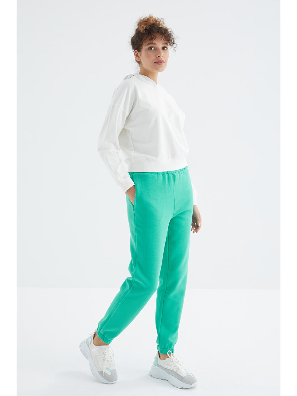 Turkuaz Deniz Yeşili Yüksek Bel Rahat Form Basic Jogger Kadın Eşofman Alt - 94624-2
