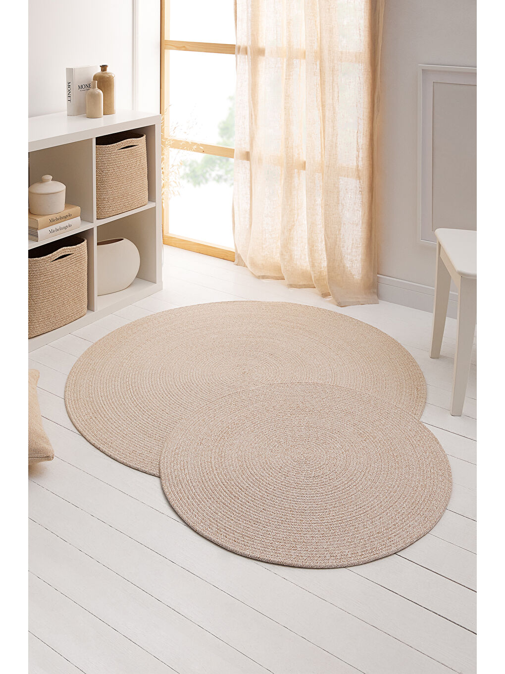 Bej Yıkanabilir Pamuklu Yuvarlak Halı Kilim 80 cm-4