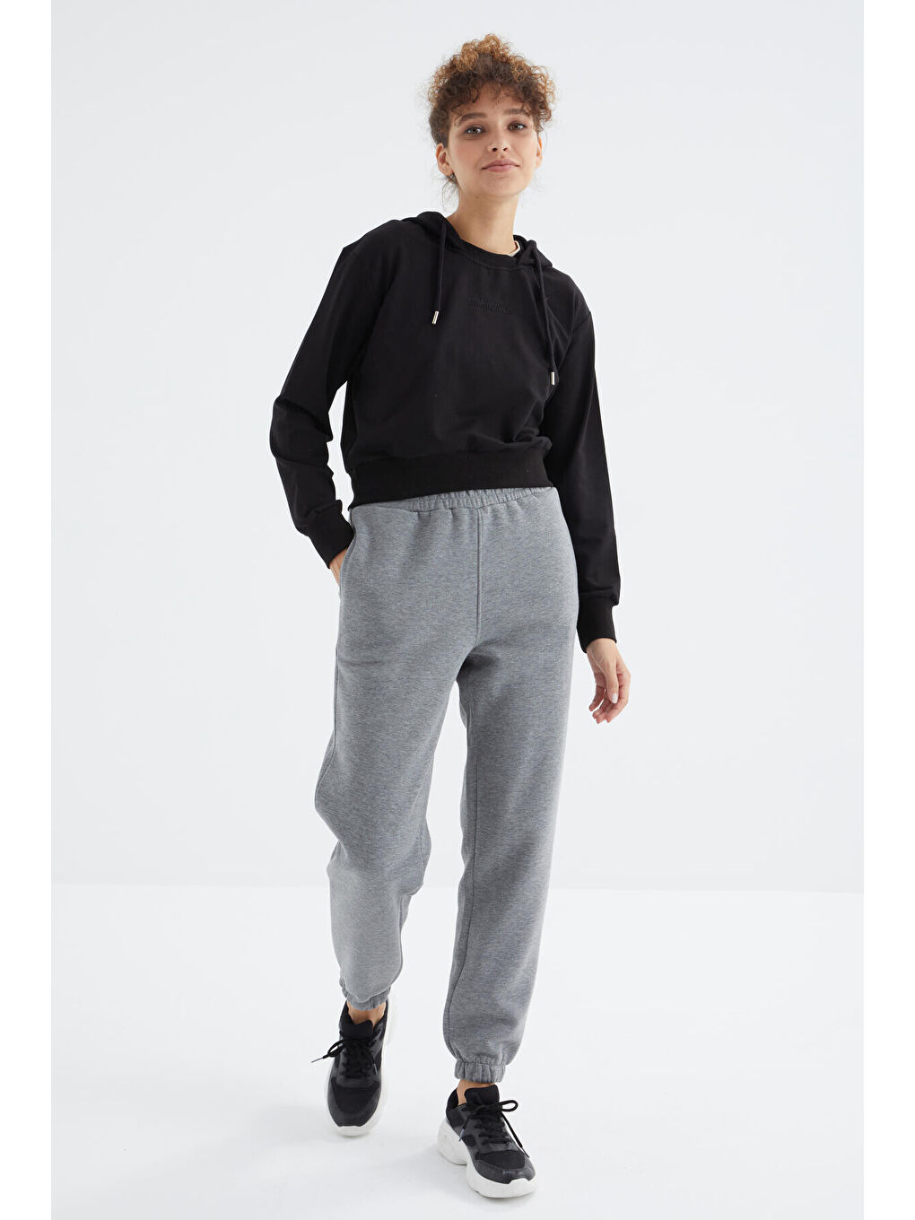 Gri Melanj Yüksek Bel Rahat Form Basic Jogger Kadın Eşofman Alt - 94624-4