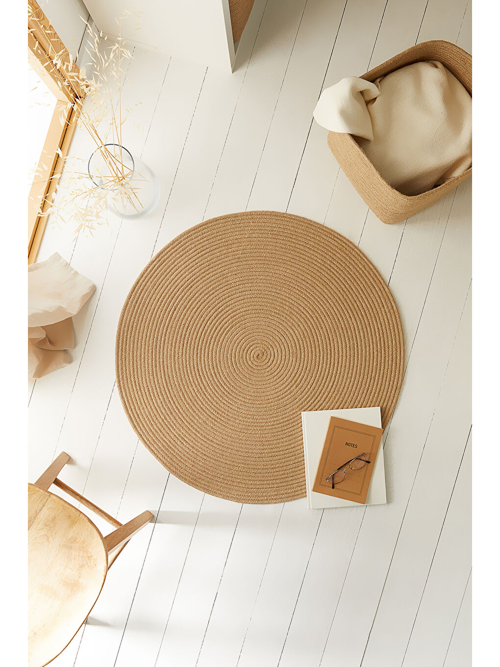 Bej Yuvarlak Jüt Halı Kilim 80 cm-1