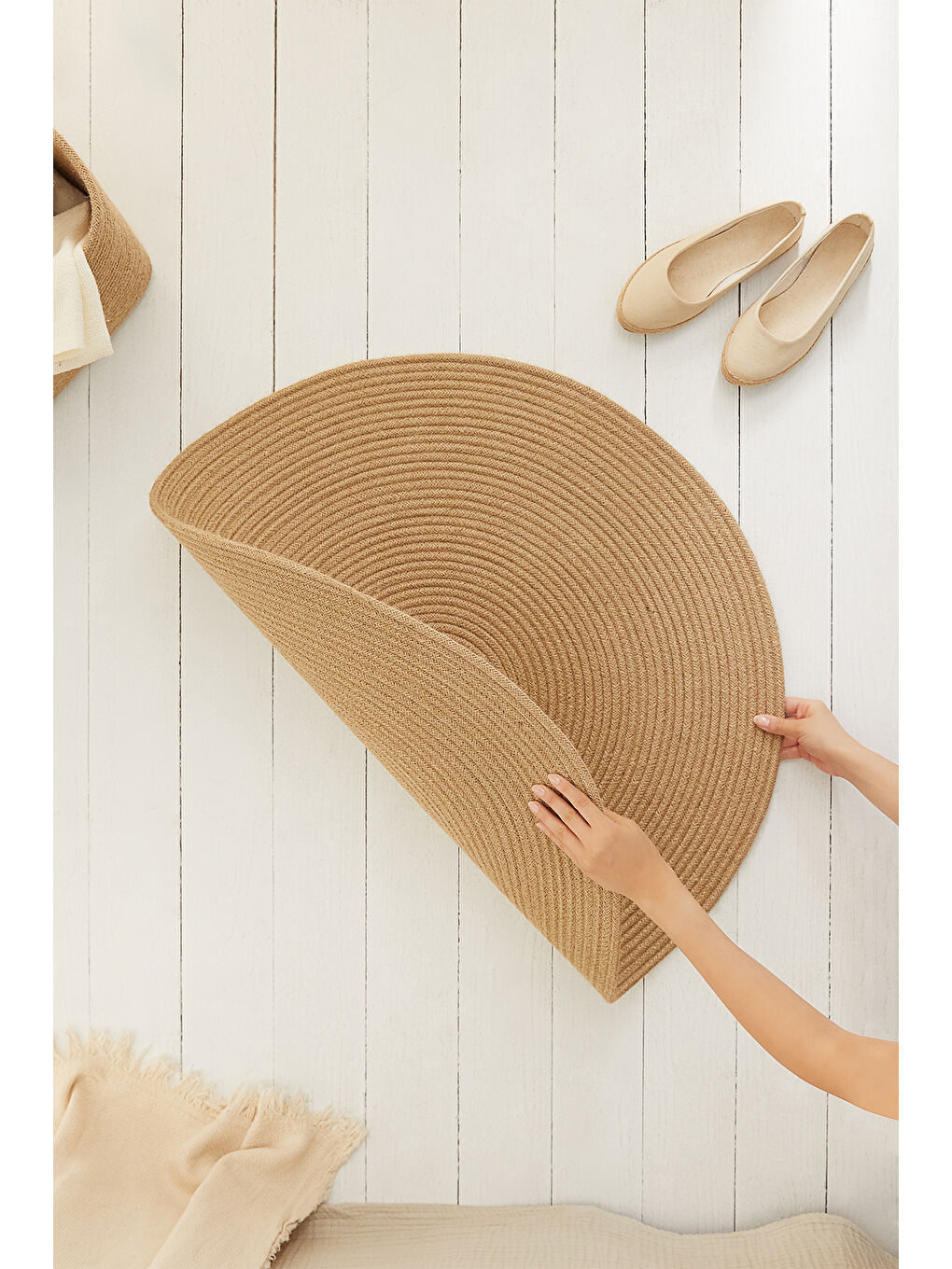 Bej Yuvarlak Jüt Halı Kilim 80 cm-2