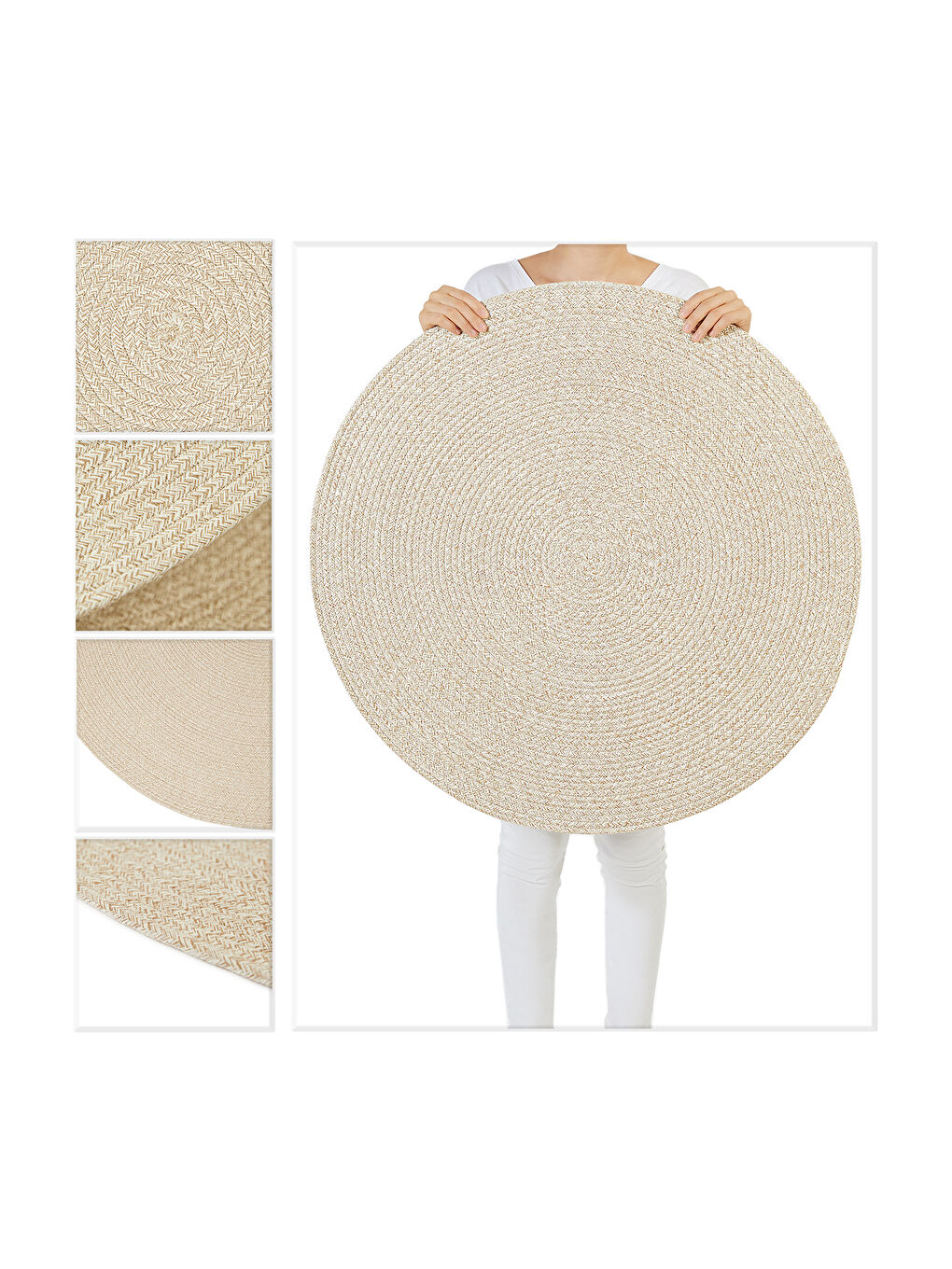 Bej Yıkanabilir Pamuklu Yuvarlak Halı Kilim 80 cm-5