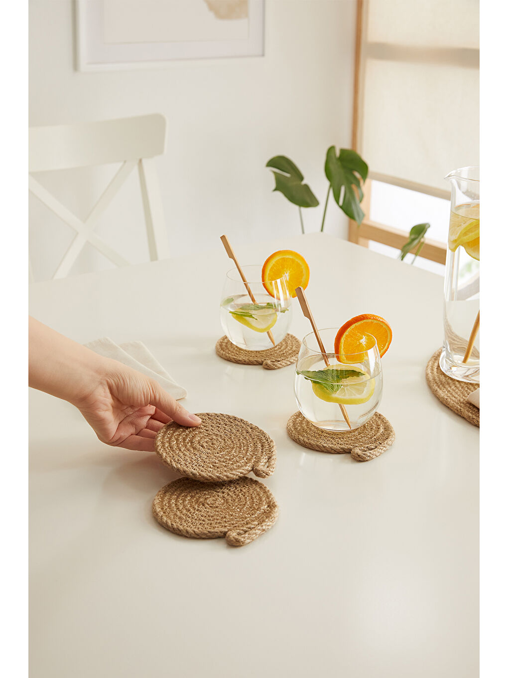 Bej 4'lü Jüt Halat Bardak Altlığı Ø 10 cm-1