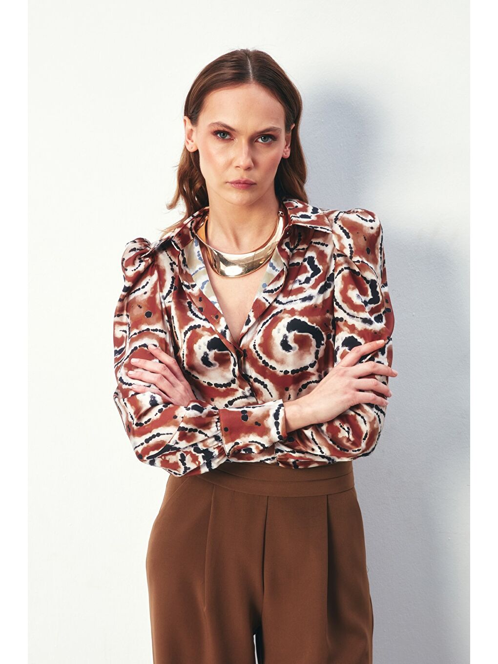 Kahverengi Balon Kol Desenli Gömlek - Kahve-1