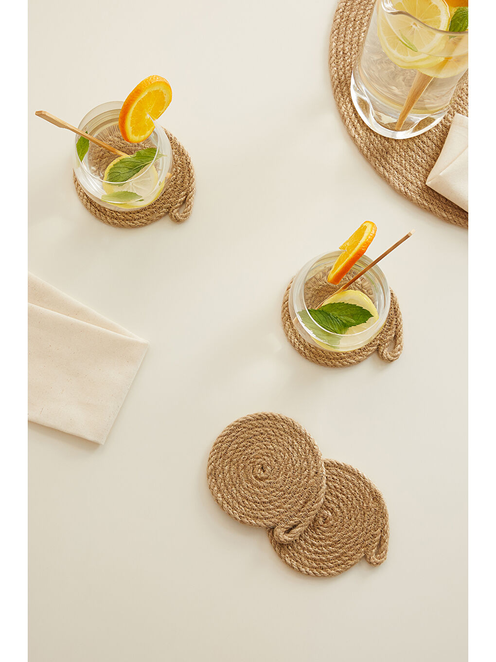 Bej 4'lü Jüt Halat Bardak Altlığı Ø 10 cm-2
