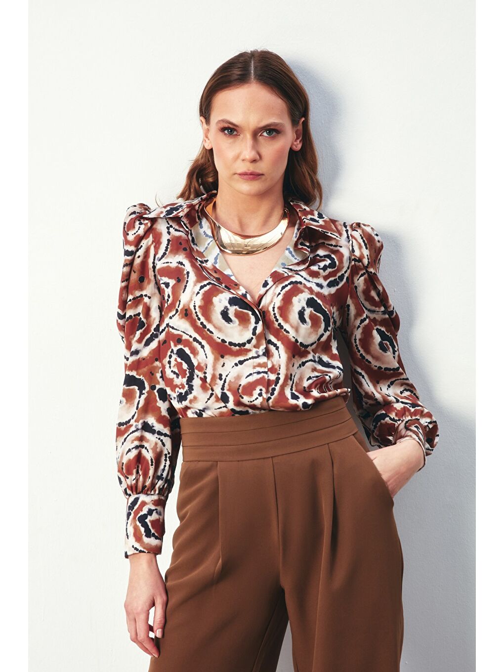 Kahverengi Balon Kol Desenli Gömlek - Kahve-2