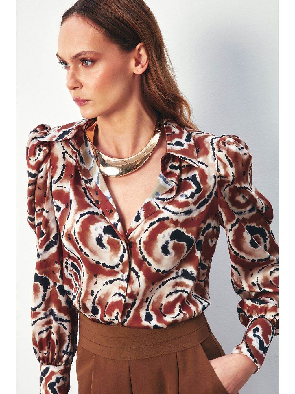 Kahverengi Balon Kol Desenli Gömlek - Kahve-3