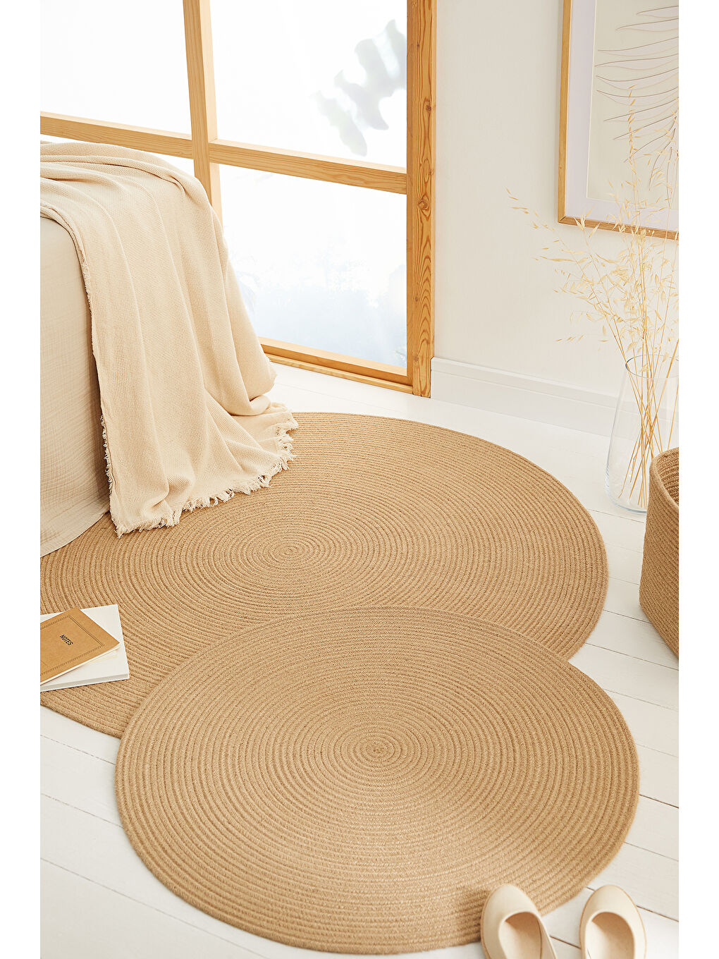 Bej Yuvarlak Jüt Halı Kilim 80 cm-3