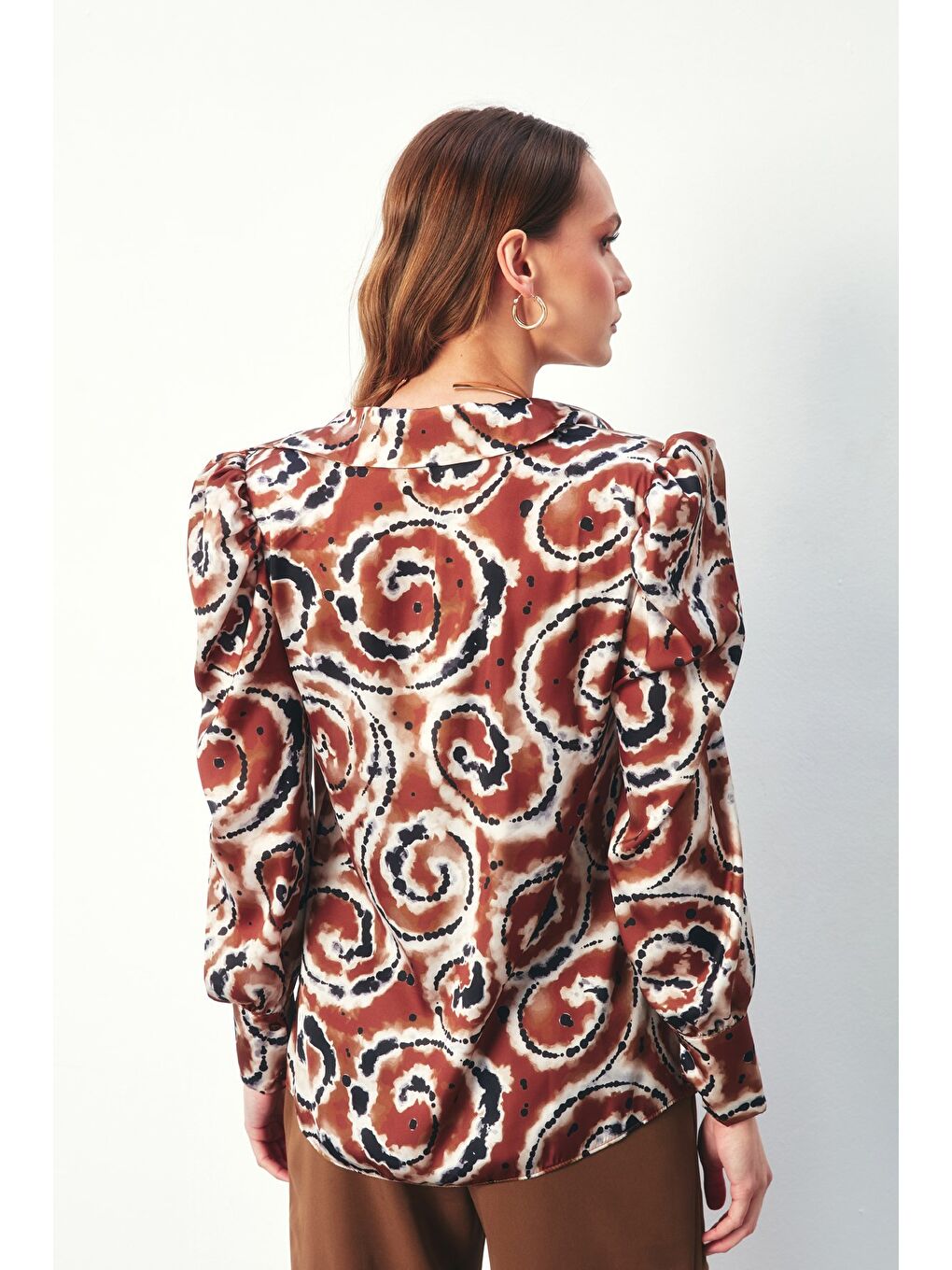 Kahverengi Balon Kol Desenli Gömlek - Kahve-4