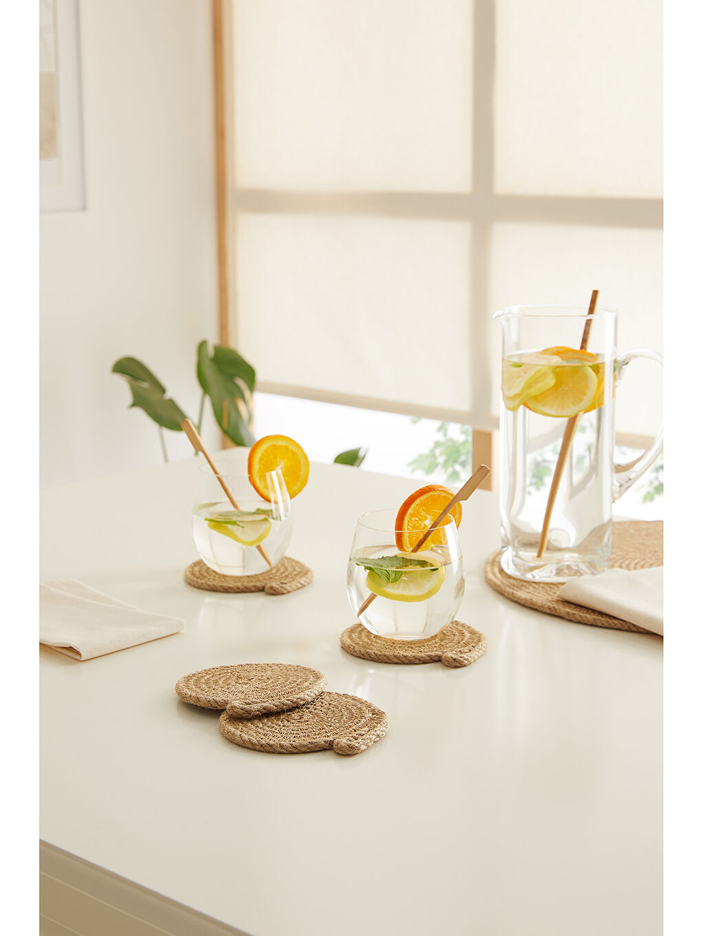 Bej 4'lü Jüt Halat Bardak Altlığı Ø 10 cm-4