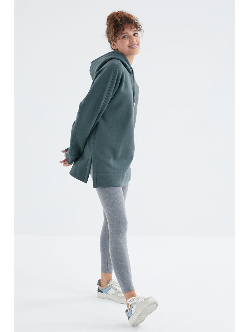 Orman Yeşili Reglan Kol Basic Kapüşonlu Oversize Tunik - 97242-2