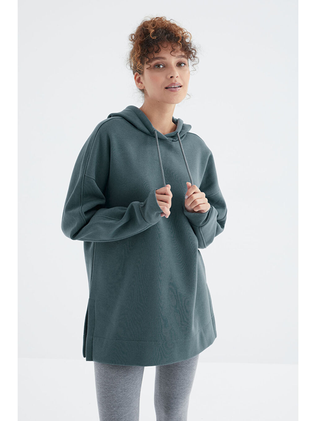 Orman Yeşili Reglan Kol Basic Kapüşonlu Oversize Tunik - 97242-4