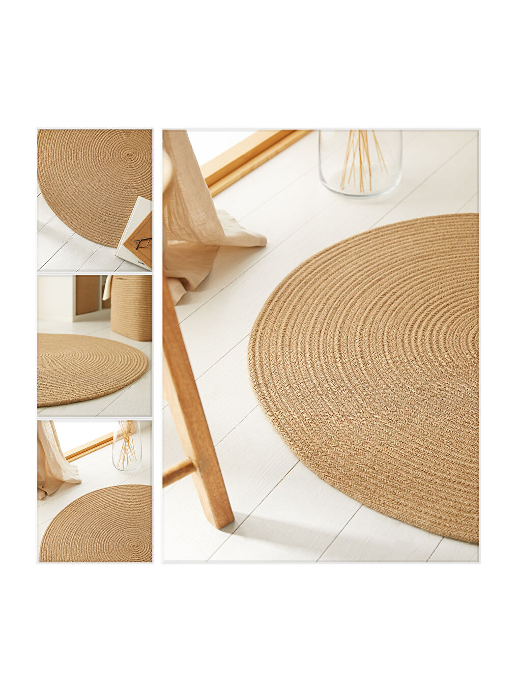 Bej Yuvarlak Jüt Halı Kilim 80 cm-4
