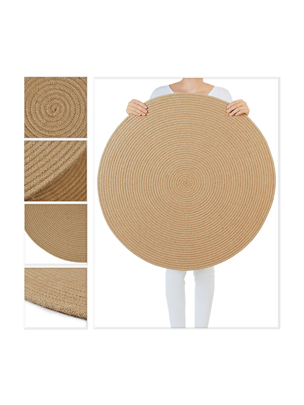 Bej Yuvarlak Jüt Halı Kilim 80 cm-5