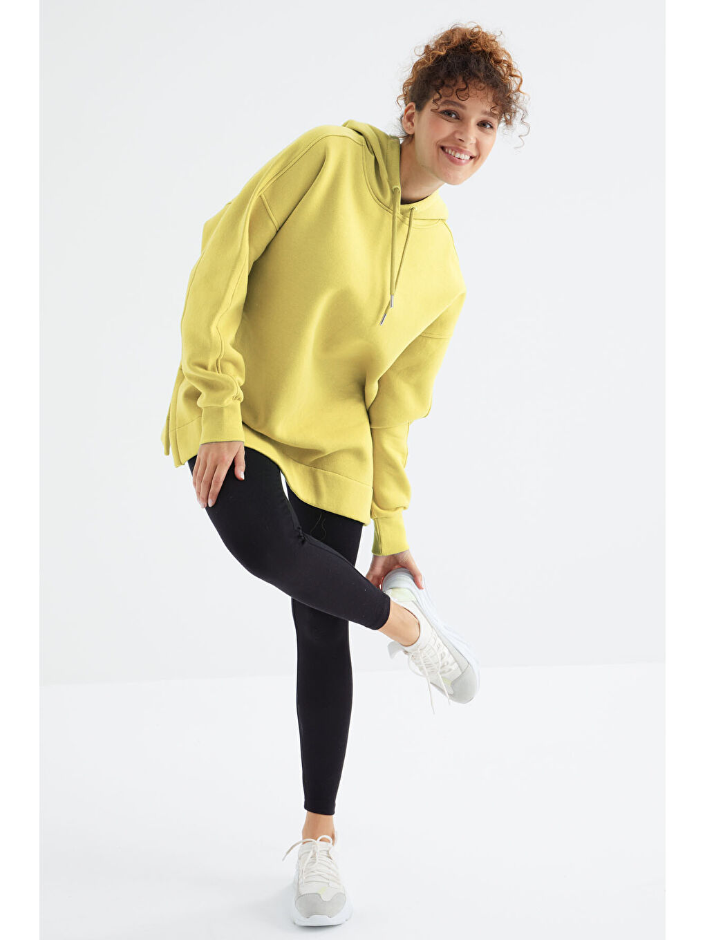 Sarı Limon Reglan Kol Basic Kapüşonlu Oversize Tunik - 97242-3