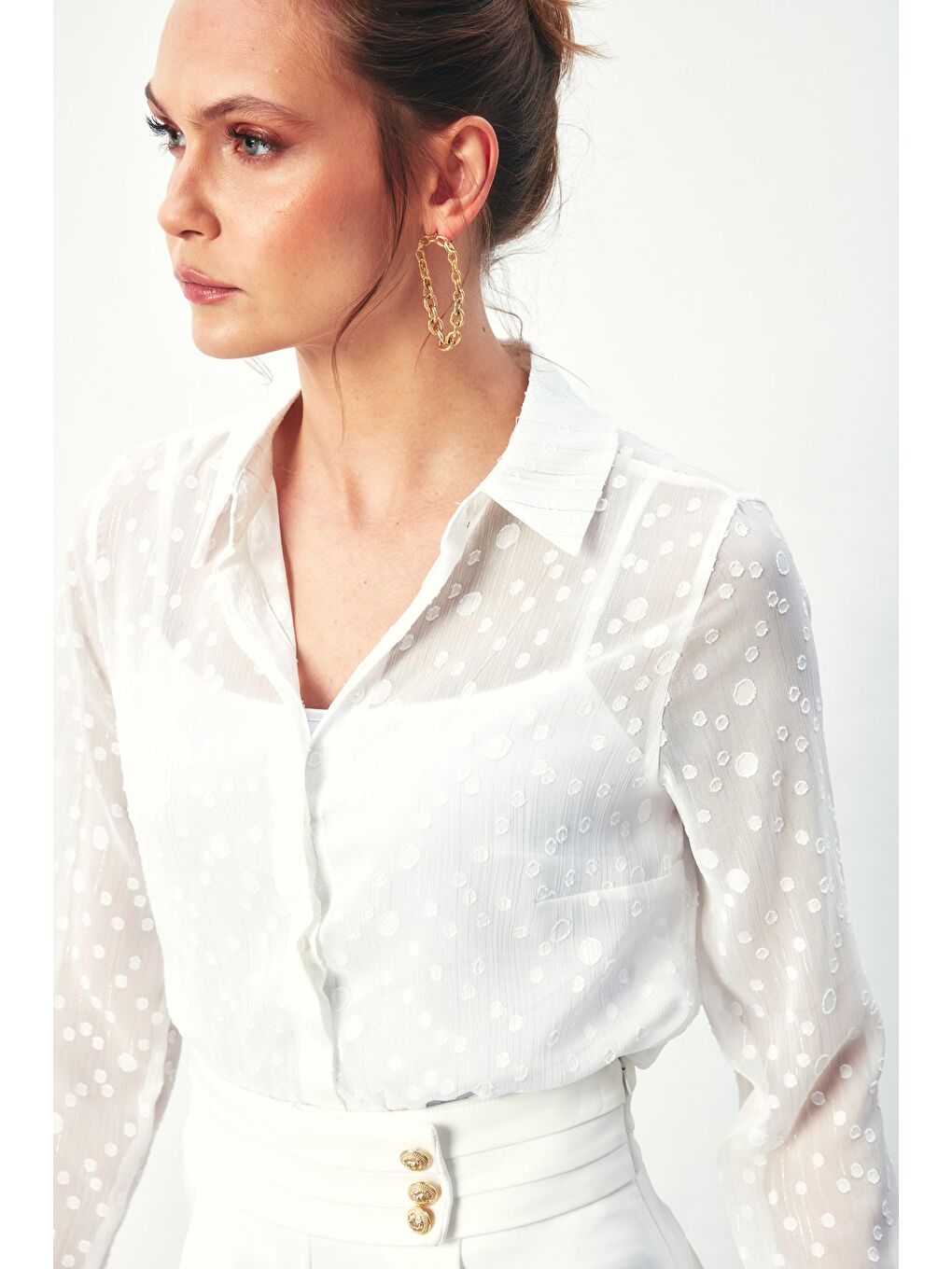 Desenli Klasik Gömlek - Ekru-1