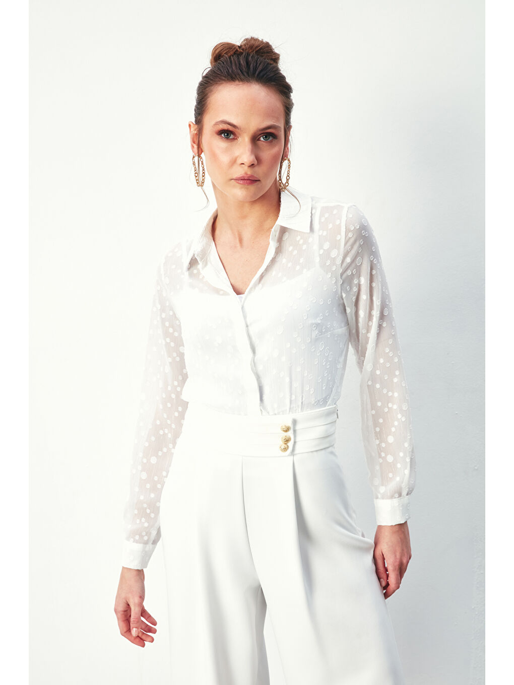 Desenli Klasik Gömlek - Ekru-2