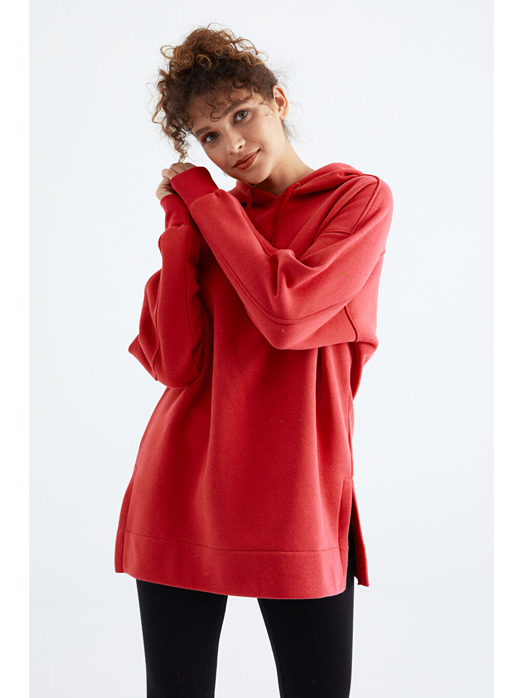 Kırmızı Fiesta Reglan Kol Basic Kapüşonlu Oversize Tunik - 97242-1