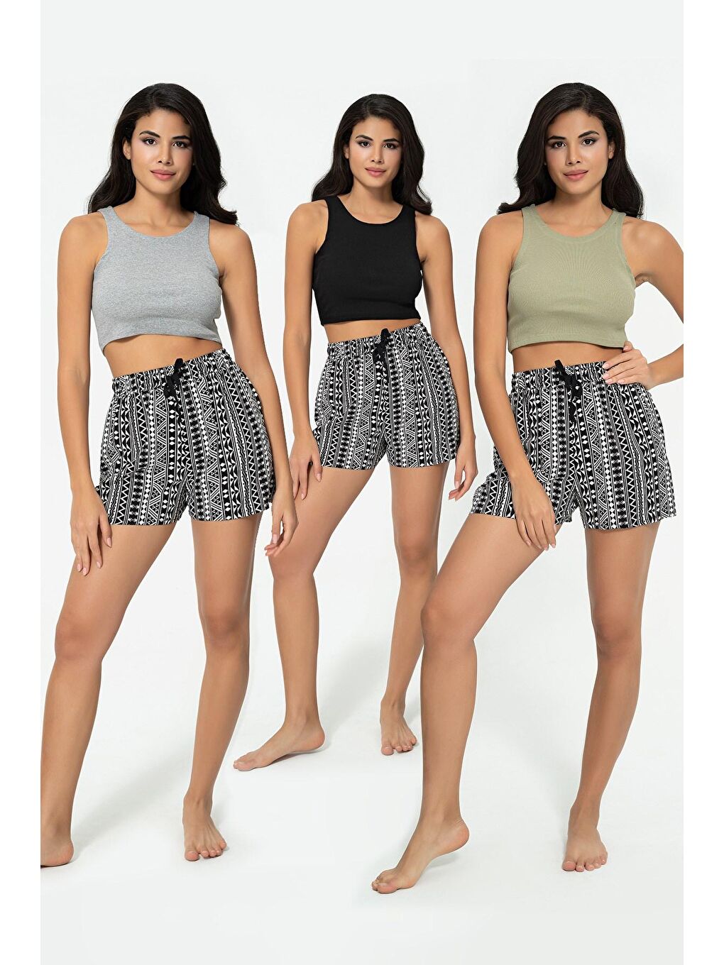 3'lü Siyah Gri Yeşil Fitilli Crop Atlet