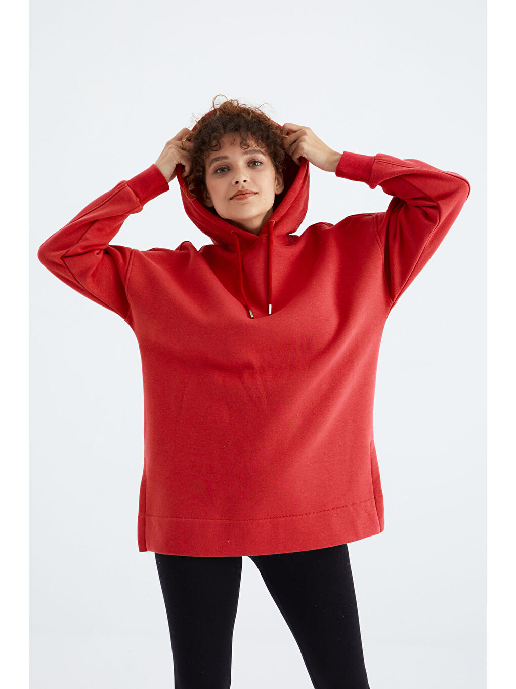 Kırmızı Fiesta Reglan Kol Basic Kapüşonlu Oversize Tunik - 97242-3