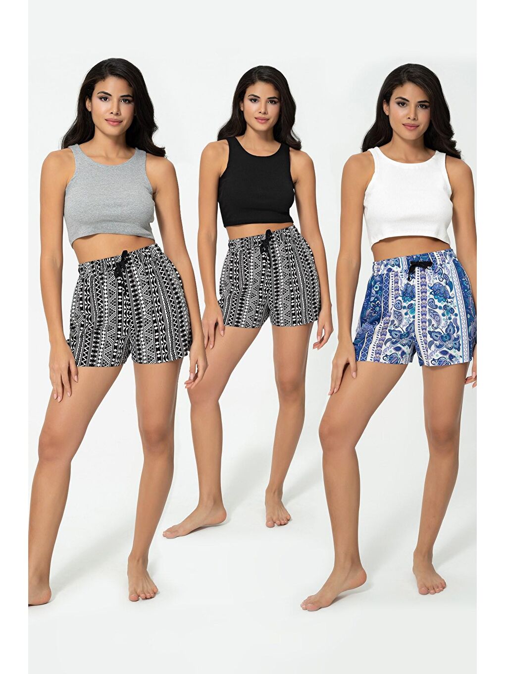 3'lü Siyah Gri Beyaz Fitilli Crop Atlet