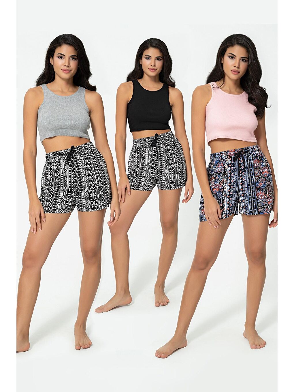 3'lü Siyah Gri Pembe Fitilli Crop Atlet