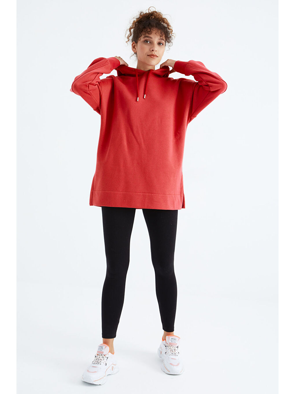 Kırmızı Fiesta Reglan Kol Basic Kapüşonlu Oversize Tunik - 97242-4