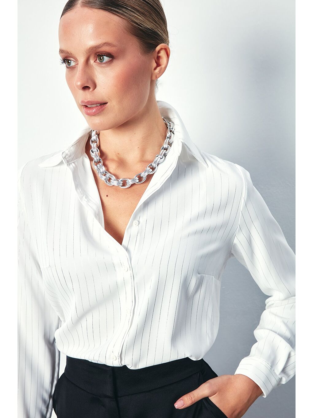 Parlak Çizgili Klasik Gömlek - Ekru-4