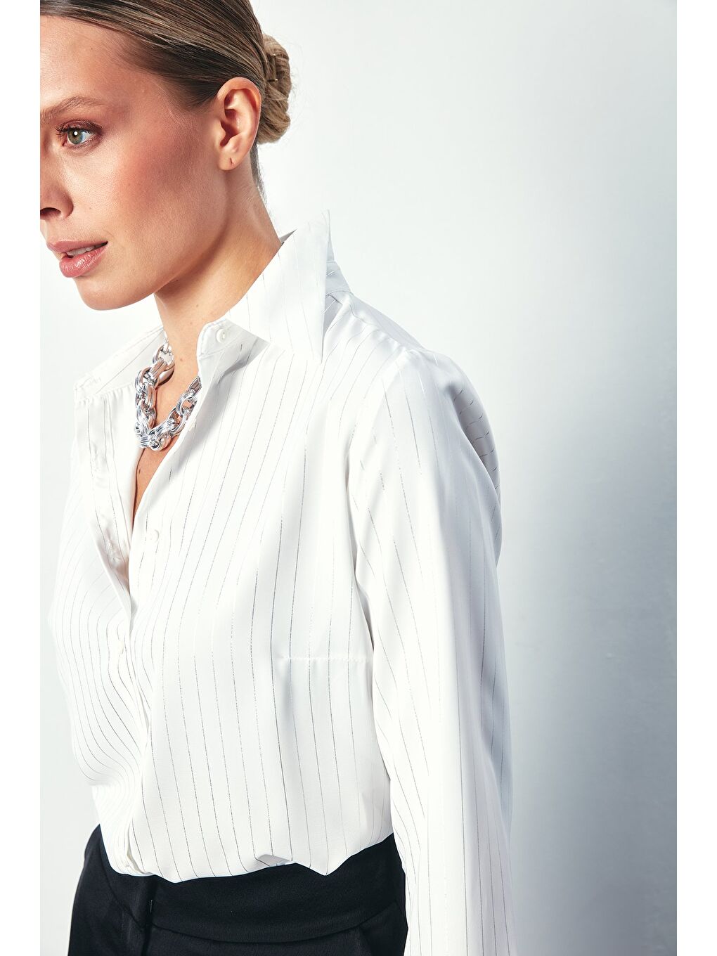 Parlak Çizgili Klasik Gömlek - Ekru-5