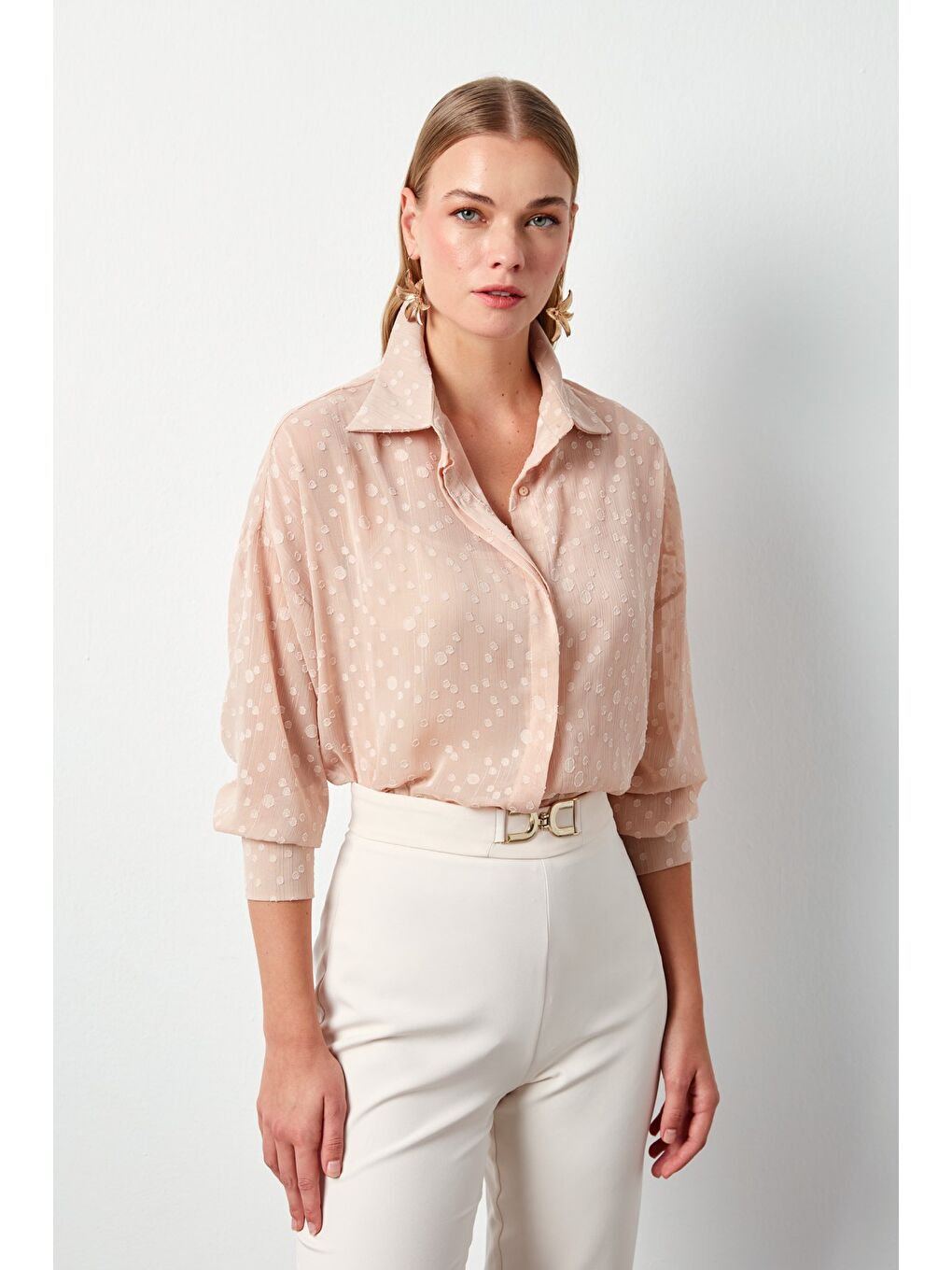 Pembe Desenli Uzun Gömlek - Pudra-1