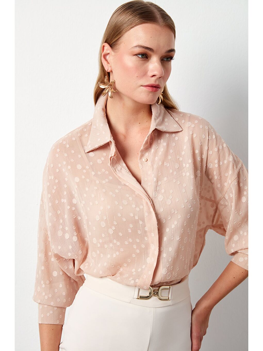 Pembe Desenli Uzun Gömlek - Pudra-2