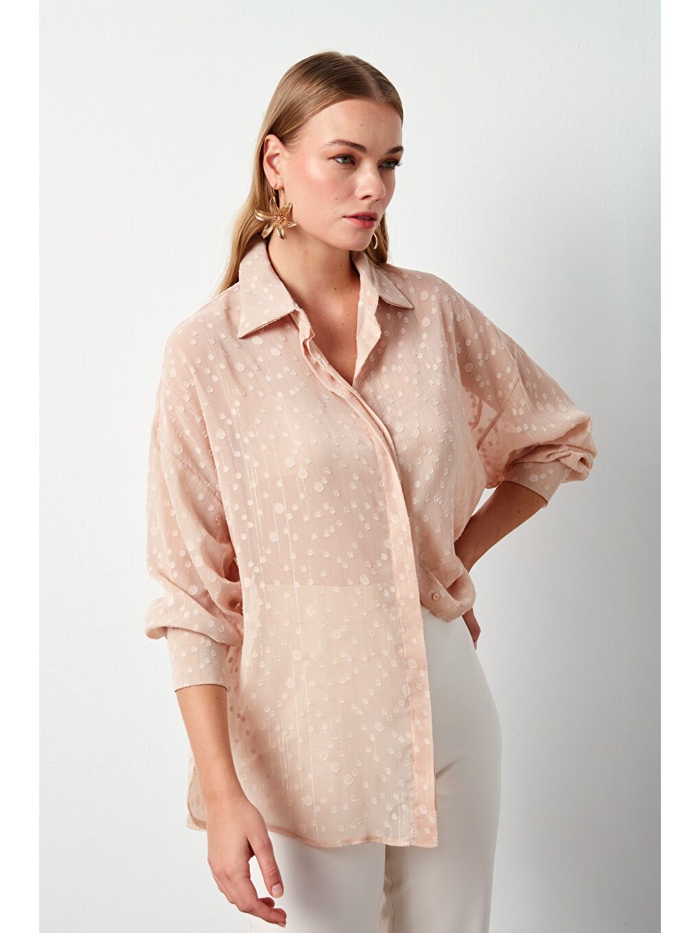 Pembe Desenli Uzun Gömlek - Pudra-3