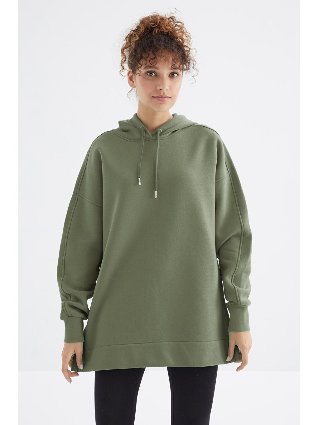 Yeşil Çağla Reglan Kol Basic Kapüşonlu Oversize Tunik - 97242-2
