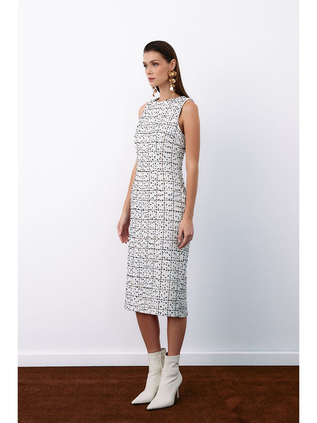 Bej Kolsuz Tüvit Kalem Elbise - Taş-4