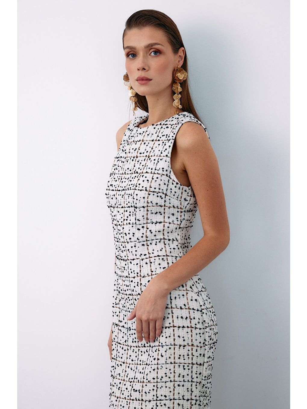 Bej Kolsuz Tüvit Kalem Elbise - Taş-6